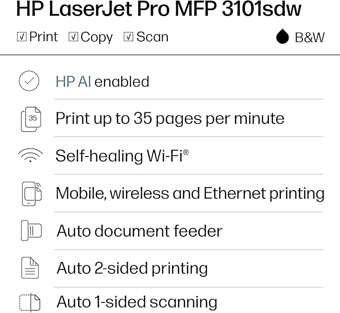 HP LaserJet Pro MFP 3101sdw Wireless All-in-One Laser Printer, Office Printer, Duplex, Best-for-Small Teams (9D2X4F)