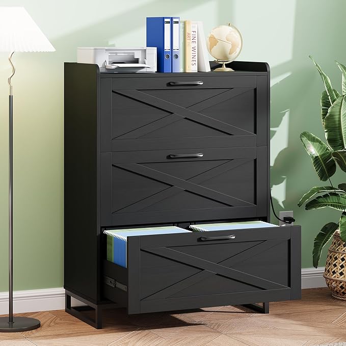 File Cabinet with 3 Drawers, Lateral File Cabinet for Letter/Legal/A4 Size Hanging Files, Large Wood File Storage Cabinets Printer Stand for Home Office, Black