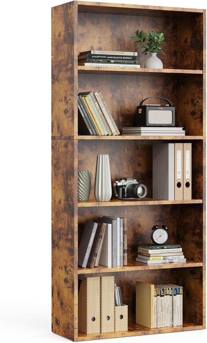 Book Shelf, 5-Tier Bookcase with Adjustable Shelves, Open Storage Shelves for Organization, 23.82 x 9.25 x 53, for Bedroom, Living Room, Home, Office, Rustic Brown