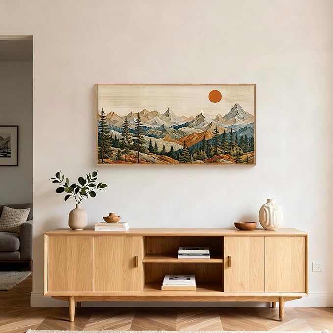 Ausril Boho Woodcut Mountain Framed Canvas Wall Art Set, Woodcut Pine Tree Wall Decor, Brown Wooden Forest Wall Painting, Vintage Mountain Sunrise Art Print for Living Room, Bedroom, Office 20"X40"