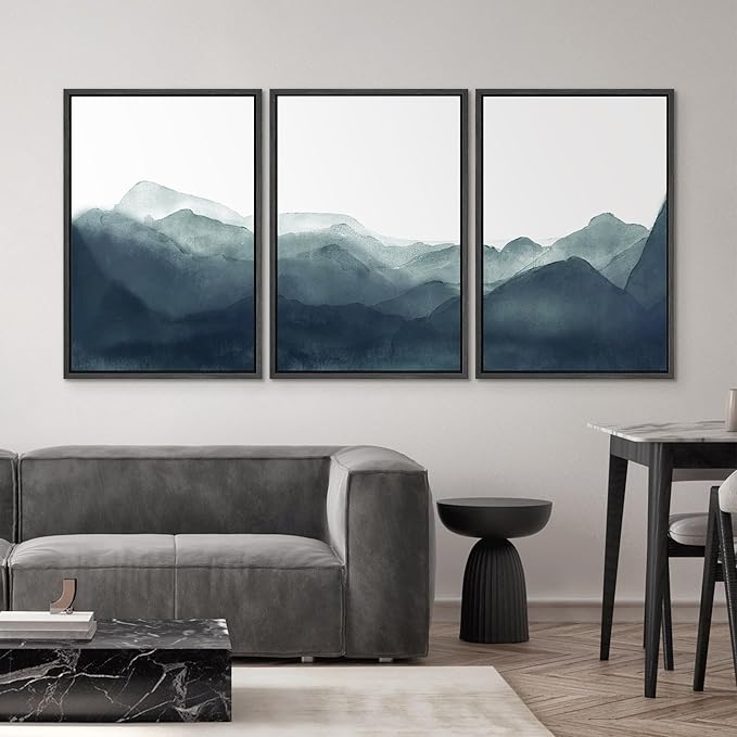 SIGNWIN Framed Canvas Print Wall Art Blue & Green Mountains in Fog Nature Wilderness Illustrations Modern Art Rustic Scenic Relax/Calm Cool for Living Room, Bedroom, Office - 16"x24"x3 Black
