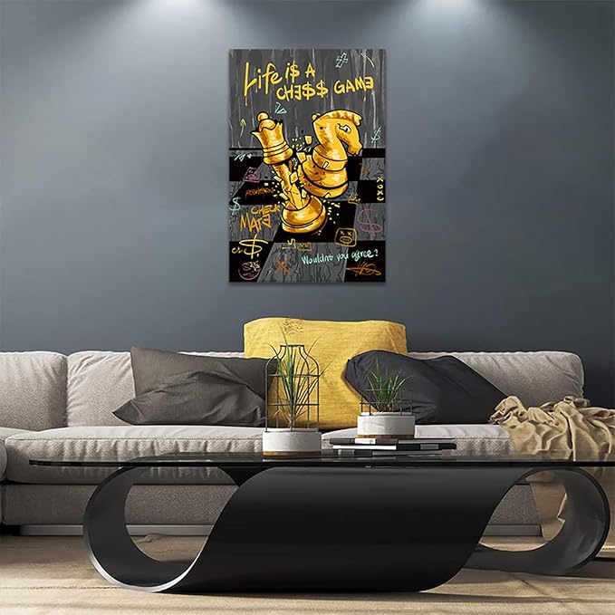 Office Wall Art - Black Gold Chess Picture LIFE IS A CHESS GAME Canvas Print Inspirational Wall Decor Motivational Poster Entrepreneur Artwork Modern Home Decoration, Ready to Hang 24 x 36 in Framed