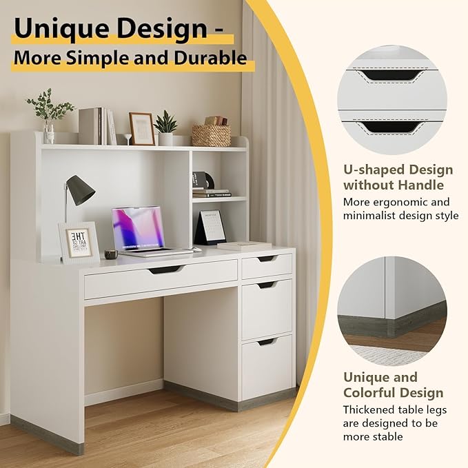 White Desk with Hutch, 53 Inch Computer Desk with Storage File Drawer, White Study Desk with 4 Drawers for Bedroom, Small Space