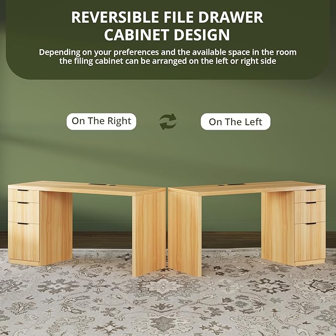 FURSUN 58" Home Office Desk with Power Outlet & File Cabinet, Modern Fluted Executive Desk with 3 Storage Drawers, Large Computer Workstation for Study & Bedroom, Oak