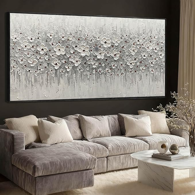 SDYA Large Floral Wall Art, 32"x70"Hand Painted White Flower Canvas Painting With Frame,Modern Minimalist Abstract Artwork for Living Room Bedroom Hallway Home Decor