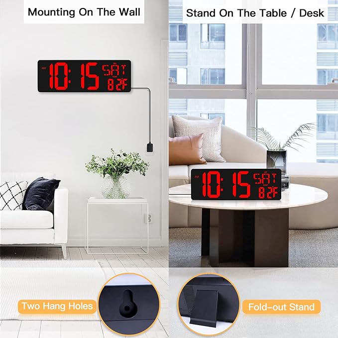 XREXS Large Digital Wall Clock with Remote Control, 16.5 Inch LED Large Display Count Up & Down Timer, Adjustable Brightness Alarm Clock with Day/Date/Temperature for Home, Gym, Office and Classroom