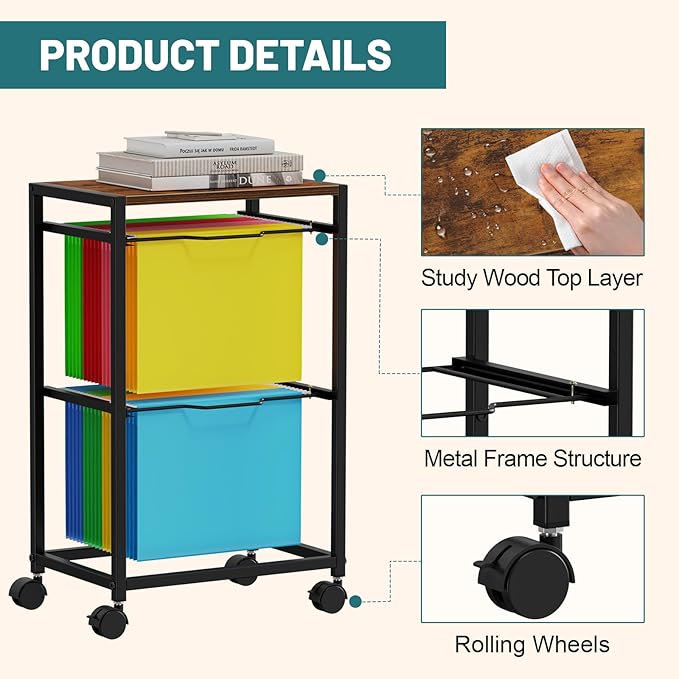 Snughome Rolling File Cart with Wheels - Hanging Files for Letter Size, 2-Tier Metal Movable Cart with Pull-Out Filing Holder