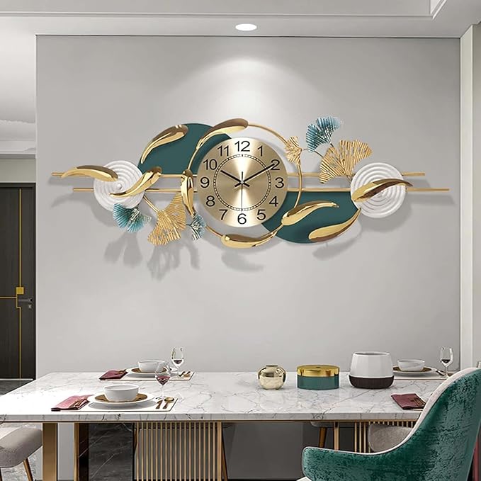 Wall Clock Large Metal Wall Clocks Creative Gold Fish Design Silent Wall Clock for Bedroom Kitchen Home Office Entrance Indoor 100x33cm/39x13 Clock (Horizontal A)