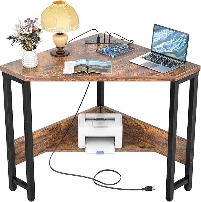 Armocity Corner Small Desk with Outlets Corner Table for Small Space Industrial Computer Desk with USB Ports Triangle Desk with Storage for Home Office, Workstation, Living Room, Bedroom, Rustic