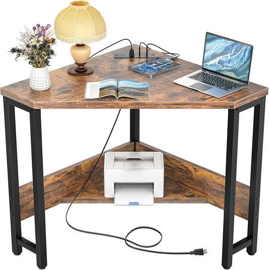 Armocity Corner Small Desk with Outlets Corner Table for Small Space Industrial Computer Desk with USB Ports Triangle Desk with Storage for Home Office, Workstation, Living Room, Bedroom, Rustic