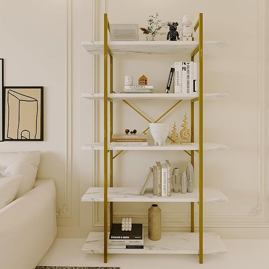 5 Tiers Bookshelf Organizer White Faux Marble Shelf,Modern Open Display Storage Bookcase, and Metal Bookshelf Standing Storage Shelf Tall Shelving Units for Home Office Study