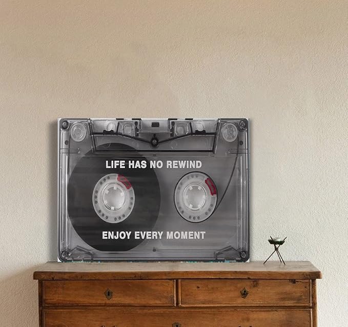 Life Has No Rewind Enjoy Every Moment-Inspirational Office Wall Decor Canvas Art Audio Cassette Framed Art Vintage Cassette Canvas Wall Art Motivational Gift Wooden Framed Ready to Hang-24x18 inches