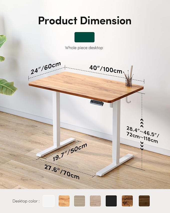 CubiCubi 40 x 24 Small One-Piece Standing Desk, Adjustable Height Electric Computer Sit Stand up Home Office Workstation, with 4 Memory Presets, Headphone Hook, Light Rustic