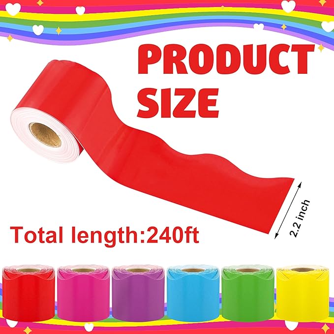 240 Ft Rainbow Bulletin Board Borders Colorful Classroom Borders Scalloped Border Trim Roll Rainbow Bulletin Board Decorations for Classroom Chalkboard Home Wall Office Decoration, 6 Rolls