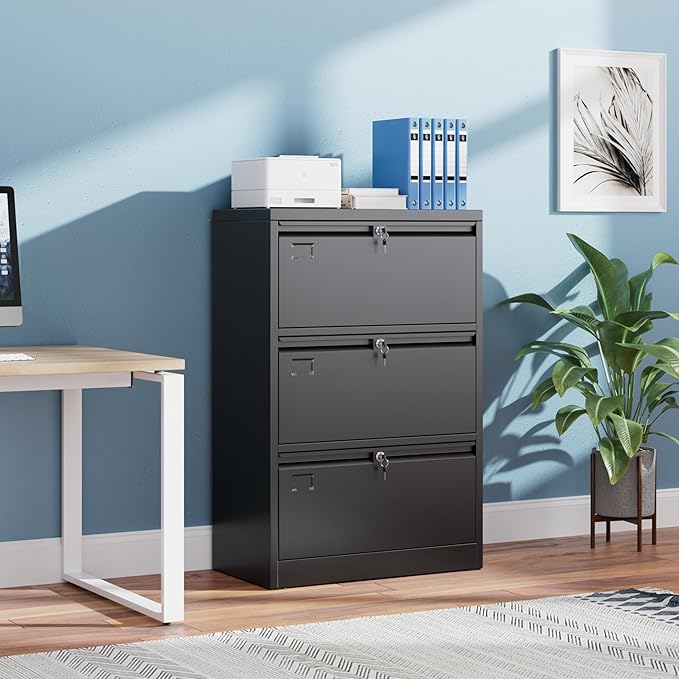 43.62" H Lateral File Cabinet 3 Drawer,Metal Wide Filing Cabinet with Locks and Business Card Slot for Home Office School Hanging Letter/Legal/F4/A4 Size Folders,Required Assembly,Black