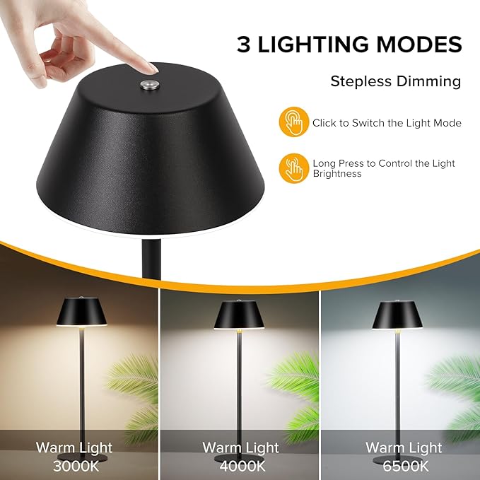 Cordless Table Lamps, LED Rechargeable Battery Operated Lamp with 2 Adjustable Height 3 Colors Stepless Dimming, Touch Control Wireless Desk Lamp for Restaurant,Bars,Coffee Shop (Black Set of 1)