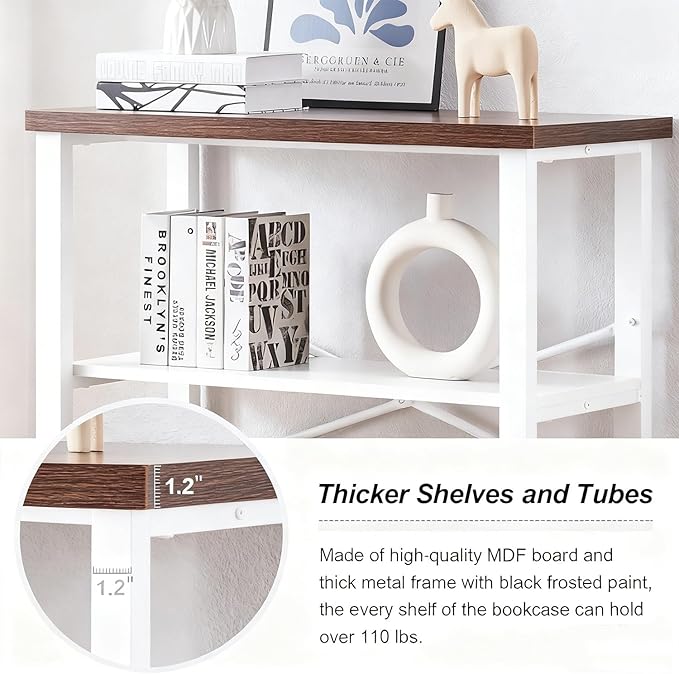 HOMBAZAAR 3 Tier Bookshelf,White Brown Industrial Book Shelf,Engineered Wood and Metal Small Bookcases,Low Shelf Bookcase for Living Room,Office,Bedroom and Kitchen