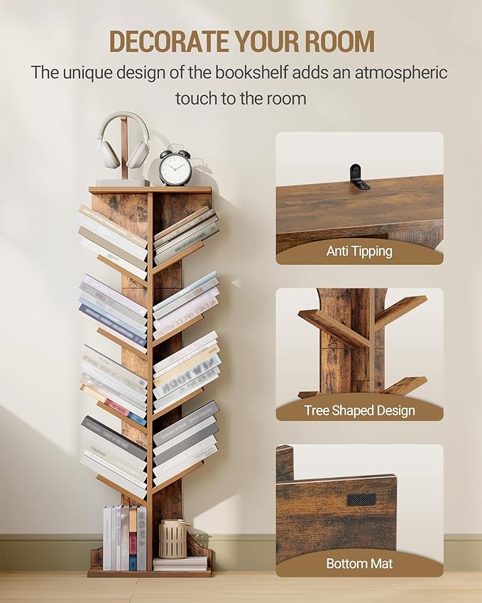 Tree Bookshelf, 11 Tier Narrow Bookcase, Display Shelf, Book Organizer, Small Floor Standing Book Shelf for Bedroom, Living Room, Home Office, Rustic Brown BC01601X