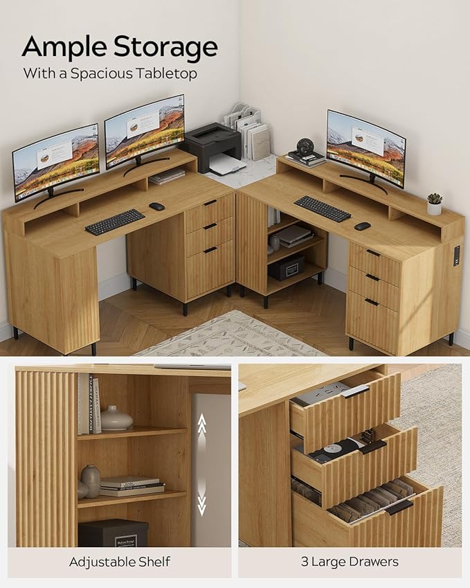 Fluted Executive Desk with Charging Station, 55" Modern Wood Office Desk with Monitor Stand & File Drawer, Home Writing Study Computer Table for Work Study, Natural Oak