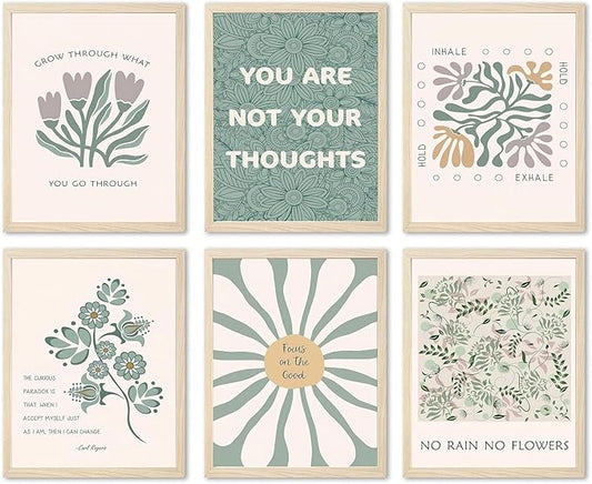 Sage Green Floral Canvas Wall Art Poster Set of 6, Motivational Mental Health Pictures Wall Decor, Inspirational Quotes Botanical Paintings Prints for Therapy Office Living Room Home 12x16in Unframed