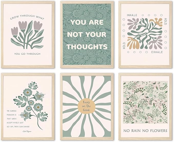 Sage Green Floral Canvas Wall Art Poster Set of 6, Motivational Mental Health Pictures Wall Decor, Inspirational Quotes Botanical Paintings Prints for Therapy Office Living Room Home 8x10in Unframed