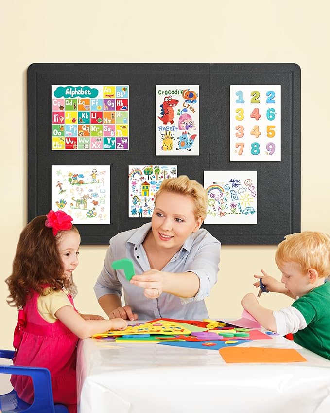 Bulletin Board, 36 x 24 inches Cork Board Alternative, 6 Pack 12"X12"X0.4" Felt Pin Boards for Walls Home Office Decor, Classroom with 30 Adhesive Tabs Black