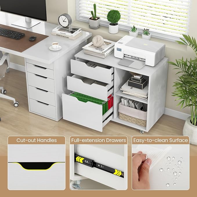 3 Drawer File Cabinet, Wood Lateral Filing Cabinet for Hanging Letter, A4, Legal Size, Rolling Printer Stand with Adjustable Shelf, Under Desk Storage for Home Office (White)