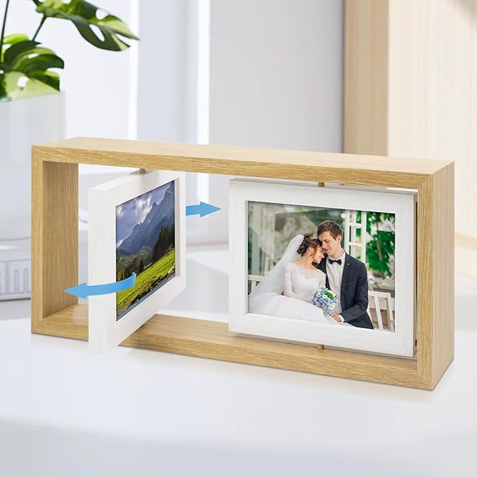 ZEEYUAN 4x6 Desk Picture Frame Rotating 4x6 Floating Photo Frame Wooden Double Side Frame Tabletop for Office Home Decor