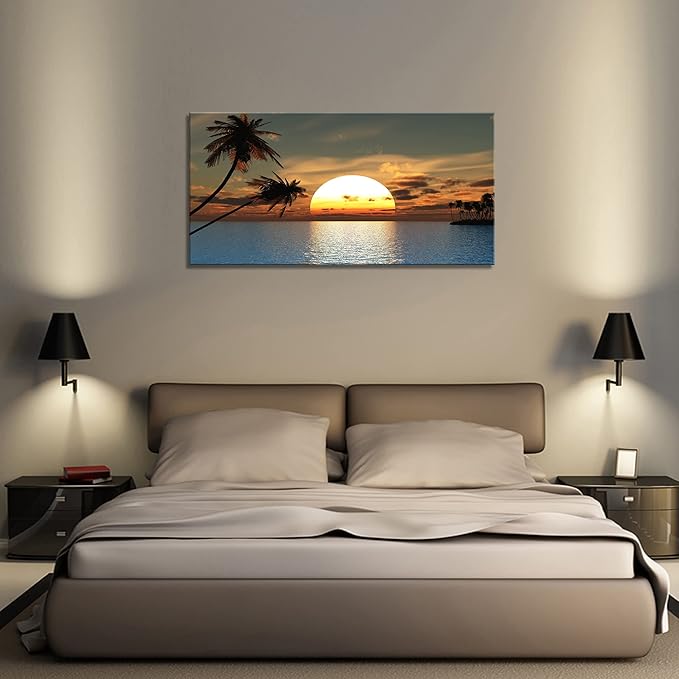 DZL Art S75662 Sunset Coconut Palm Trees Canvas Wall Art Palm Trees on the small island Tropical Scenery Nature Canvas prints Pictures for Living Room Home Office Wall Decor Artwork