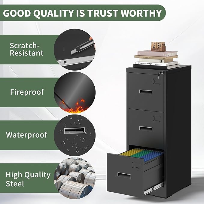 3 Drawer File Cabinet with Lock, Metal Filing Cabinet for Home Office, Vertical File Cabinet for Letter/Legal/A4/F4 Documents, Easy to Assemble Steel Storage Cabinet