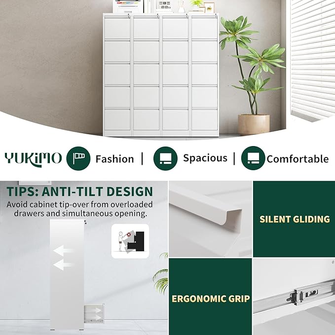 5 Drawer File Cabinet with Lock, Metal Vertical File Cabinets for Home Office, Office Furniture for Organization Hanging Legal/Letter/A4, Office File Cabinet Storage Cabinet, Require Assembly, White