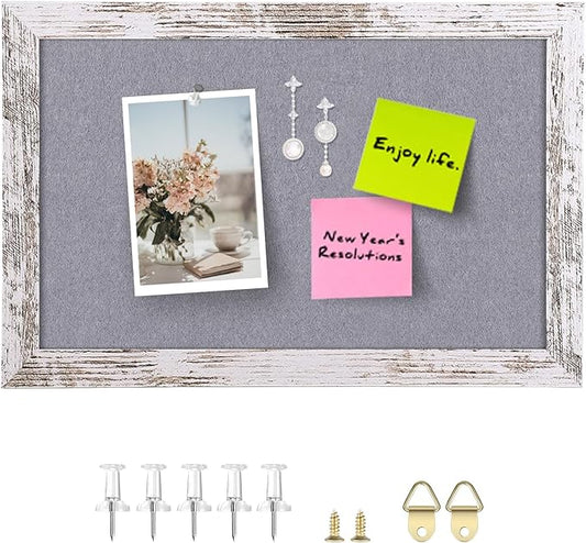 Gray Felt Bulletin Board, Small Decorative Hanging Bulletin Boards for Walls with White Rustic Wood Frame, 11.8x8.6 inches Pin Board Vision Board for Office Home School with Pins(2230,WH,1p)