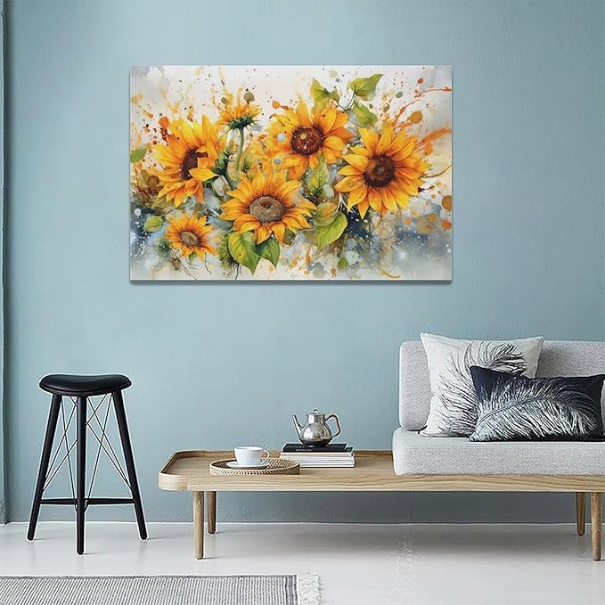 yerretin Sunflower Wall Art Watercolor Pictures Wall Decor Rustic Sunflower Canvas Farmhouse Print Artwork Home Decorations for Living Room Bedroom Bathroom Office Framed 24"x16"