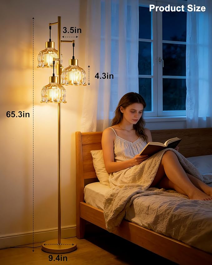 Lightdot 3-Light Lotus Floor Lamp 65'' Dimmable with Brown Glass Shade & E12 Bulbs Included, Mid Century Tall Flower Lamp for Living Room/Bedroom/Sofa Beside/Corner Decor - Gold