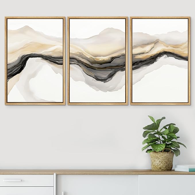 SIGNWIN Framed Canvas Print Wall Art Set Gold Gray Smoke Wave Landscape Abstract Shapes Illustrations Modern Art Decorative Contemporary Colorful for Living Room, Bedroom, Office - 24"x36"x3 Natural