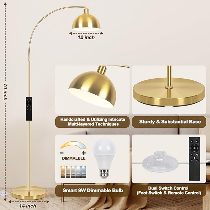 【Upgraded】 Arc Floor Lamps for Living Room - Stepless Dimmable Gold Tall Lamp with Remote Control & Color Temperature 9W LED Bulb, Over Couch Arched Reading Standing Lamp for Bedroom Brass