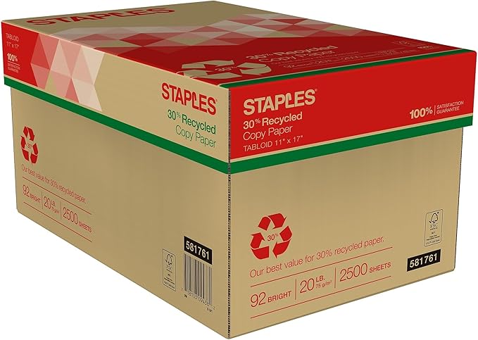 Staples 30% Recycled 11-Inch x 17-Inch Copy Paper 20 lbs 92 Brightness 500/Ream 5 Ream/Count
