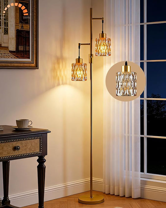 2-Light Gold Floor Lamp, 65IN Tall Standing Lamps Dimmable with Amber Glass Lampshade, 3000K Warmwhite Mid Century Modern Floor Lamp for Living Room/Bedroom