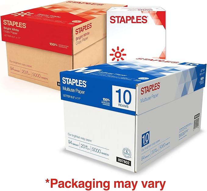 Staples Multipurpose Copy Printer Paper, 20 lb, 8.5 x 11 Inches, 10 Reams, 94 Bright, White