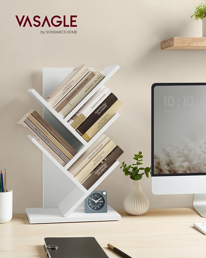 VASAGLE Tree Bookshelf, 5-Tier Bookcase, Small Bookshelf, Space-Saving Corner Shelf, Book Tree, Holds Books, CDs, Games, for Bedroom, Living Room, Home Office, Cloud White ULBC183T14