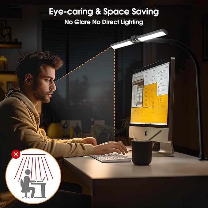 LED Desk Lamp for Home Office - Dimmable Computer Desk Light with Clamp, Modern Architect Task Lamp with Color Changing, Flexible Desktop Lamp with Gooseneck for Monitor, Double Head, Black