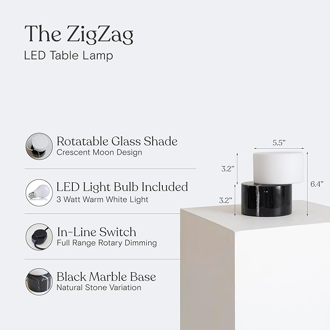 Brightech Zigzag Desk Lamp - Small Dimmable LED Black Marble Table Lamp, Rotatable Frosted Glass Shade, Genuine Stone Natural Unique Desk Light for Office, Bedside, Nightstand, Living Room, Entryway