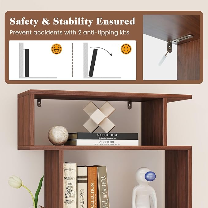Giantex 6-Tier Geometric Bookshelf, S-Shaped Bookcase with 2 Anti-Tipping Kits, Wooden Display Shelf, Decorative Storage Shelving Unit, Home Storage Organizer for Office Living Room (1, Walnut)