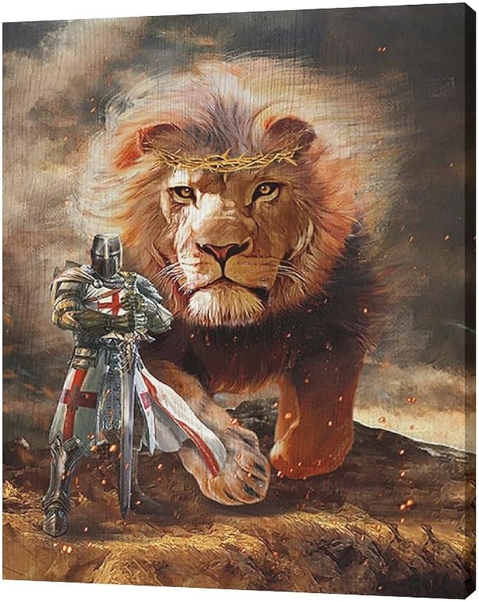 yerretin Christian Lion Of Judah Wall Art Lion Warrior Pictures Wall Decor Religious Knight Canvas Painting Home Decorations Artwork for Bathroom Bedroom Living Room Office Framed 16"x20"