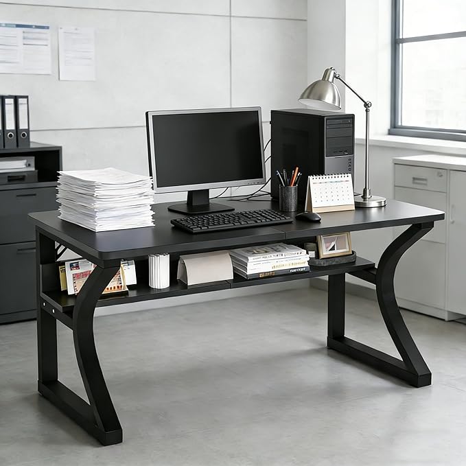 Oraspala﻿ Computer Desk 47 Inch Large Comouter Desk Home Office Desks with Storage Shelf Working Desk with Stable C-Shaped Legs Spacious Desktop for Home Office Gaming & Study (Black, 47inch)