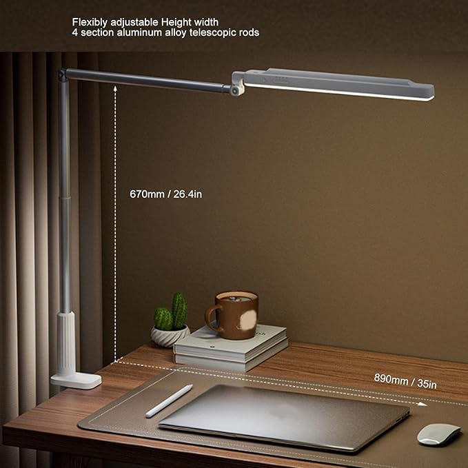 Bewinner LED Desk Lamp with Clamp - Dimmable Tempering Eye Care Desk Light, Extendable Arm Desk Lamps for Home Office, Flexible Tall Task Table Light, Clip on Desk Lamp for Nail Tech