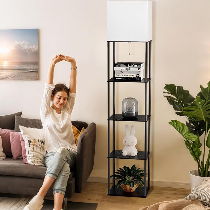 Large Floor Lamp with Shelves, 5-Tier Tall Floor lamp with for Living Room, Shelf Floor Lamp with 3 CCT LED Bulb, Corner Display Standing Column Lamp, Etagere Organizer Tower Nightstand for Bedroom