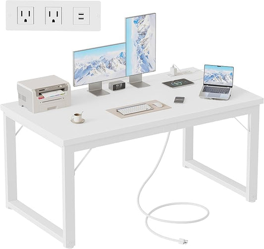 Mericonia 48 Inch Computer Desk with Power Outlets, 1.2" Thick Heavy Duty Industrial Office Desk, Modern Simple Study Writing Table for Home Bedroom Workstation, White