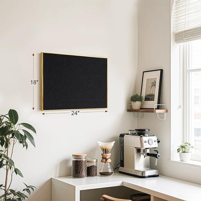 Black Bulletin Board with Linen, 24"x18", Cork Boards for Walls with Gold Aluminum Frame, Hanging Pin Board Vision Board for Home Office Kitchen Room Decor, 10 Push Pins