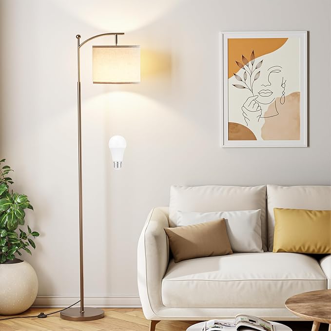 Ambimall 60" Floor Lamps for Living Room with 3 Color Temperatures, Adjustable Beige Shade with Brown Pole, Tall Lamps for Living Room Bedroom Office Classroom Dorm Room, 9W Bulb Included